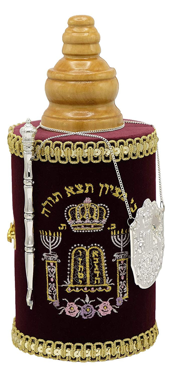 Torah Scroll Complete Sefardic Sefer Torah Children's Torah Maroon Velvet (Large Sephardic Torah 18