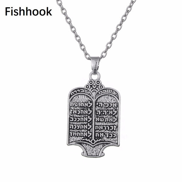Fishhook Tibetan Silvery Jewish Torah Scroll 10 Commandments Necklace Ethnic Jewelry